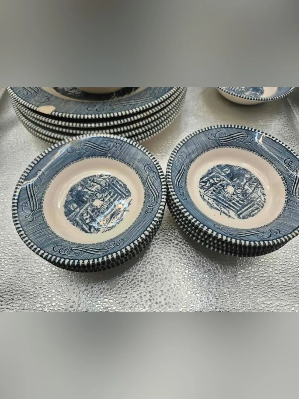 8 Currier & Ives ‘Country Farm Gate’ Blue & White Dessert Bowls Cottagecore Set